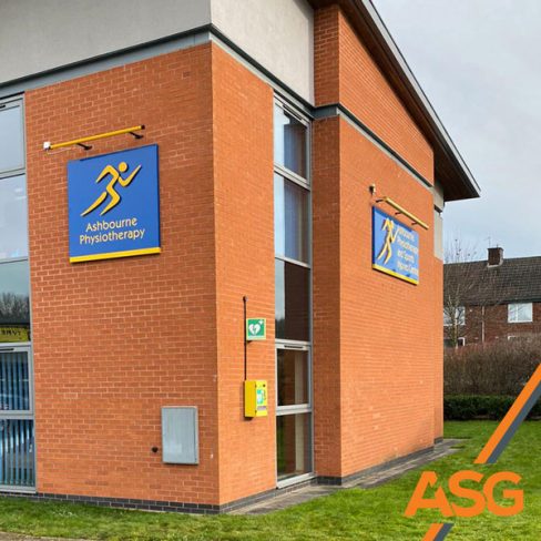 Ashbourne Physiotherapy outdoor signage with strip light to illuminate in the evening - installed by Acres Signs and Graphics