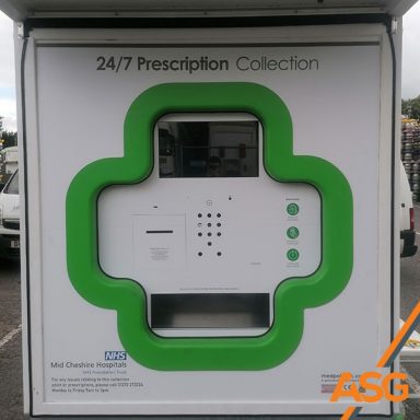 Bespoke printed 24/7 prescription vending machine wrap for Newbury Pharmacy by Acres Signs and Graphics