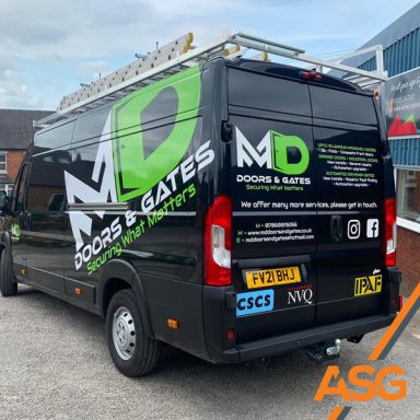 Black van livery design and print for MD Doors and Gates in Cheddleton by Acres Signs and Graphics