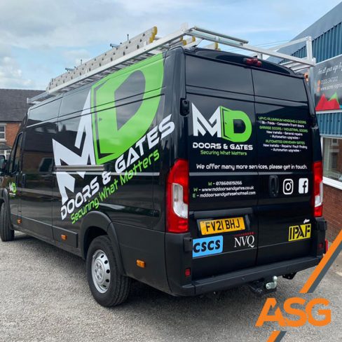 Black van livery design and print for MD Doors and Gates in Cheddleton by Acres Signs and Graphics