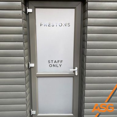Prestons Coffee Shop, Ashbourne, Staff entrance door with frosted vinyl and cut out lettering installed by Acres Signs and Graphics