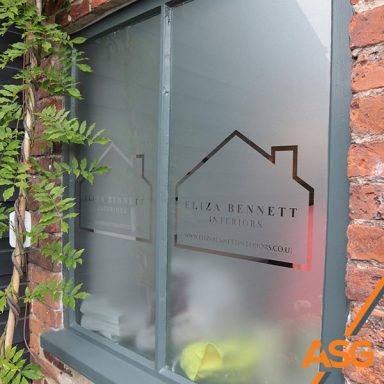 Windows with frosted cut out lettering for Eliza Bennett Interiors in Ashbourne installed by Acres Signs and Graphics