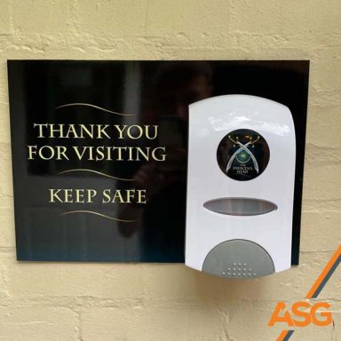 Branded covid hand-gel station for The Saracen's Head by Acres Signs and Graphics