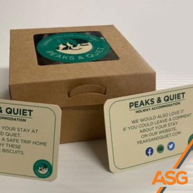 Printed business cards for Peaks and Quiet holiday accommodation
