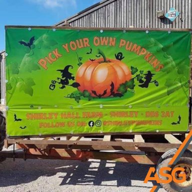 Pumpkin picking printed banner installed on trailer by Acres Signs and Graphics