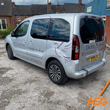 Silver Peugeot van with simple livery for Dove House Residential Care in Ashbourne by Acres Signs and Graphics