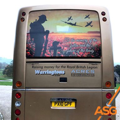 Back of the gold coach with Remembrance Day vinyls for Warringtons Coaches - wrapped by Acres Signs and Graphics
