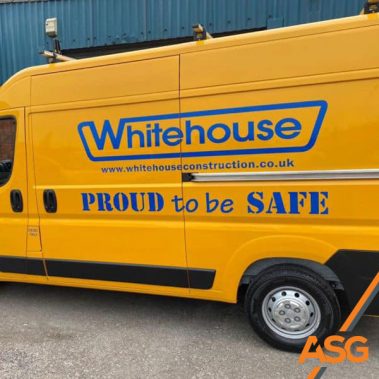 Yellow transit van with simple blue vinyl lettering - by Acres Signs and Graphics