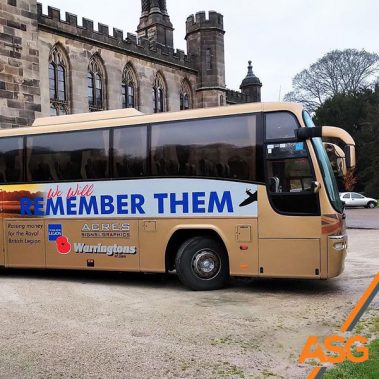 Gold coach with Remembrance Day vinyls for Warringtons Coaches - wrapped by Acres Signs and Graphics