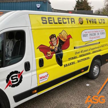 Full vehicle wrap on a Selecta Tyre white transit an by Acres Signs and Graphics