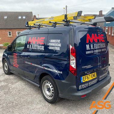 Blue Transit Connect with simple red and silver livery for M.H. Electrical - wrapped by Acres Signs and Graphics