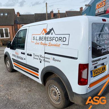 White Ford Transit Connect van with orange and grey simple livery for lead roofing specialist S.L Beresford - wrapped by Acres Signs and Graphics
