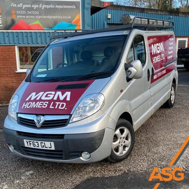 Silver Vauxhall van with partial vehicle wrap for MGM Homes - wrapped by Acres Signs and Graphics