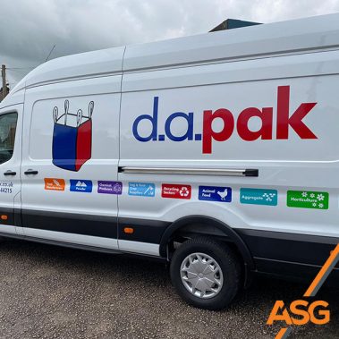 White van with printed livery wrap for d.a.pak by Acres Signs and Graphics